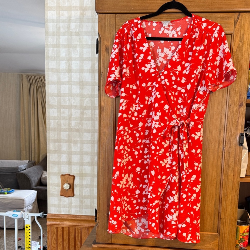 J. Crew Vivid Red Floral Wrap Midi Dress